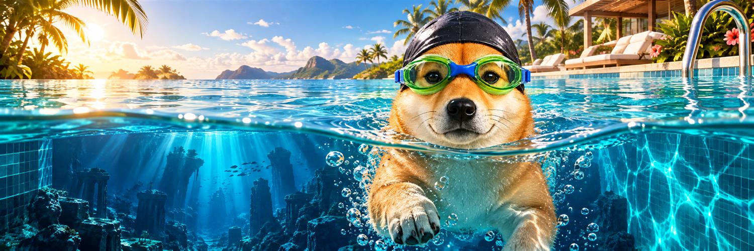 Shiba Inu swimmer crossing a sunlit resort pool above submerged ruins